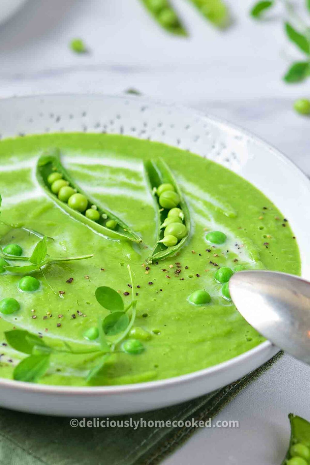 Image showcasing Easy creamy green pea soup - Deliciously Home Cooked